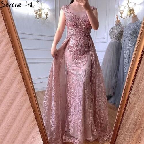 Serene Hill Pink Luxury With Overskirt Evening Dresses Gowns 2021 Lace Beaded Crystal Mermaid For Woman Party LA71080