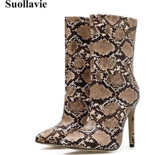 Suollavie Winter Women Boots Sexy Serpentine Snake Print Pointed Toe Female Super High Heels Plus Size 42 Autumn Shoes