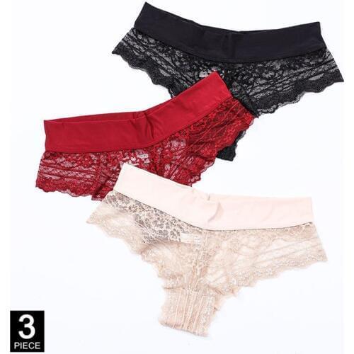 Panties Woman Sexy Lace Transparent Briefs Cotton G-String T-back Black White Underwear Female Lingerie 3 Pcs/Set Dropshipping