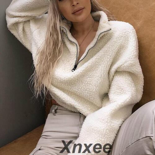 Xnxee Hugcitar long sleeve zipper high neck Faux lambswool crop tops 2018 autumn winter women fashion solid coat jacket