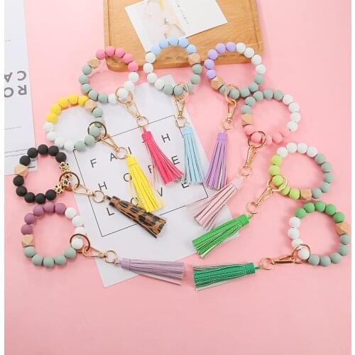 YEYULIN 2021 Fashion Silicone Keychain PU Tassel Wood Beads Bracelet Keyring For Women Accessories Multicolor Keychain Wholesale
