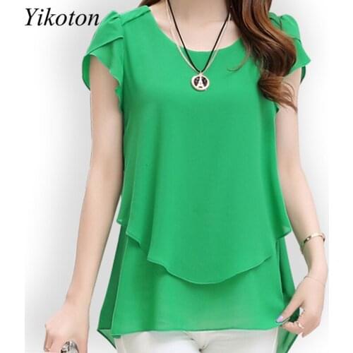 Yikoton 2021 New Summer Women Blouse Loose Shirt O-Neck Chiffon Blouses Female Short Sleeve Blouse Plus Size Shirts Tops Blusas