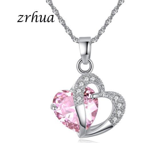 ZRHUA Silver Color Cubic Zircon Necklace Pendants Jewelry Accessories Heart Pendants for Women 925 Stamp Components New