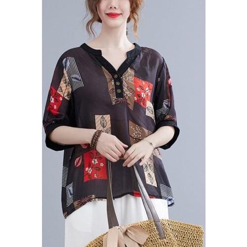 Women Summer Chiffon Blouses Short Sleeved 2021 Vintage Style V-neck Button Print Loose Button Female Tops Floral Shirts Elegant