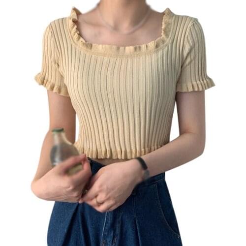 Knitted T-shirts Women Square Neck Plain Tees Ladies Short Sleeve Cute Ruffle Hem Top Cropped Solid Summer Slim Knit Top Tees