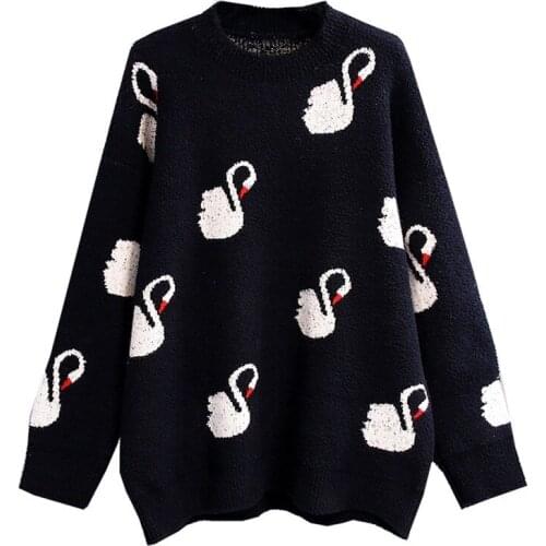 Sweater Womens 2020 Autumn Winter Fashion Loose Wind Sweater Women Pullover Base Knitted Shirt Swan Pattern Cute Youth Pullover