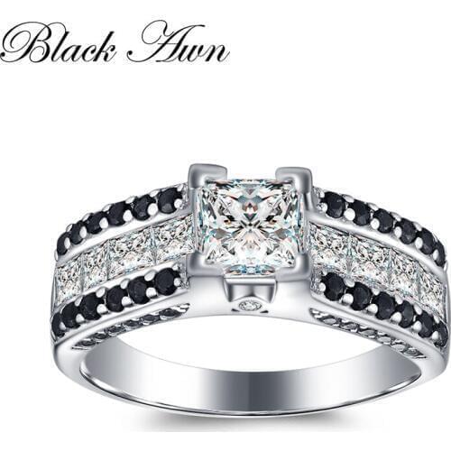 [BLACK AWN] 4.1Gram Genuine 925 Sterling Silver Jewelry Black&White Stone Wedding Rings for Women C352