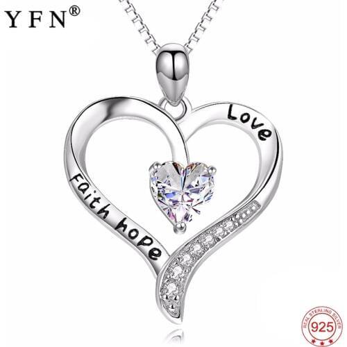 YFN 925 Sterling Silver Necklace Love Heart "Love Faith Hope" Pendants Necklaces Fashion Jewelry For Women Valentines Day Gift