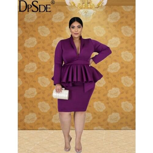 DPSDE Black Purple Office Lady Vocation Dress Full Sleeve Deep V Neck Casual Short Dress Autumn New 2020 Big Yard Bodycon Derss