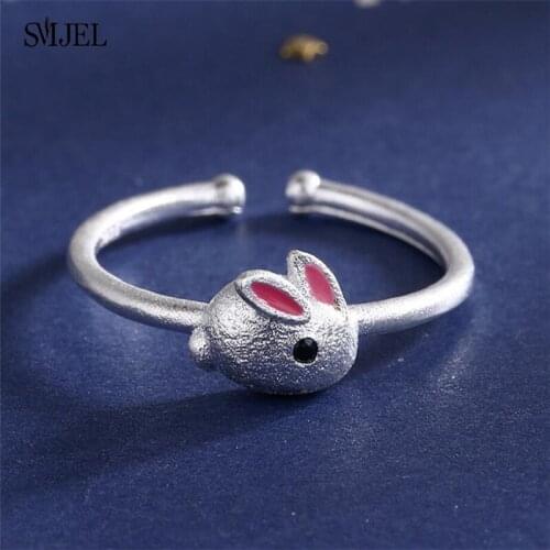 SMJEL Silver Color Rabbit Rings for Women Natural Pink Opal Gem Knuckle Ring Wedding Jewelry bague femme Valentine Gift