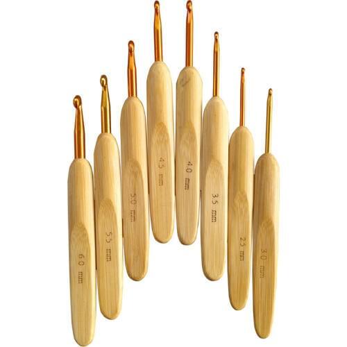 8 Sizes 1Set Bamboo Handle Golden Aluminum Crochet Hooks Smooth Needles Stitches Knitting Craft Case Crochet Set 2.5-6mm