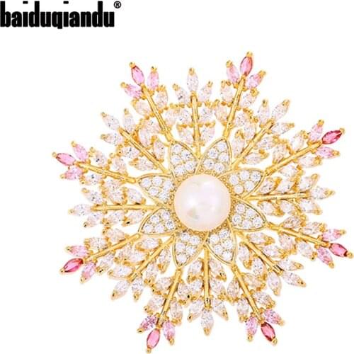 Baiduqiandu Pink And Clear Cubic Zircon Snowflake Brooches Pins For Women Men Flower Plant Pins Suits For Shirt Hat Clothes