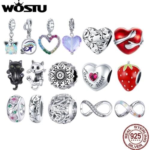 WOSTU Authentic 925 Sterling Silver Heart Flowers Beads Charms Pendant Fit Bracelets Women Party Fashion DIY Jewelry Gift Making