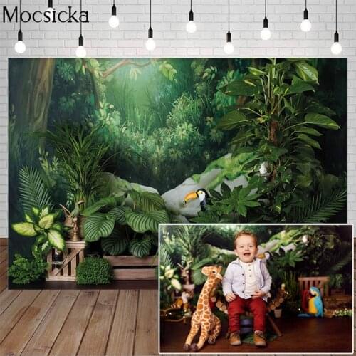 Wild Jungle Safari Photography Background Baby Party Decor Green Plants Forest Animals Child Cake Smash Backdrops Photo Studio