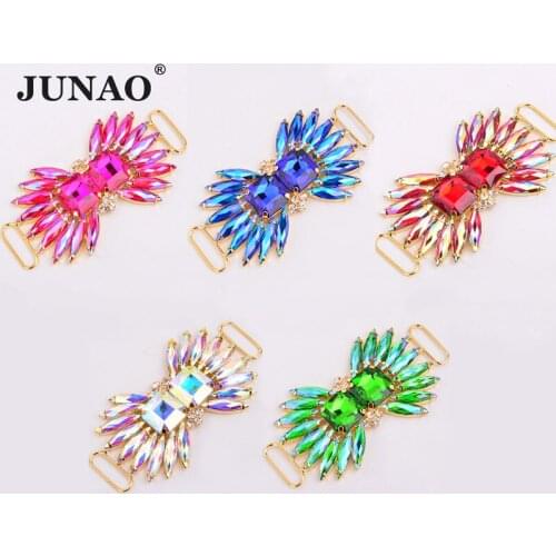 JUNAO 52x100mm AB Crystal Sewing Flower Rhinestones Connector Applique Gold Flatback Glass Stones Sew On Crystal Chain for Craft