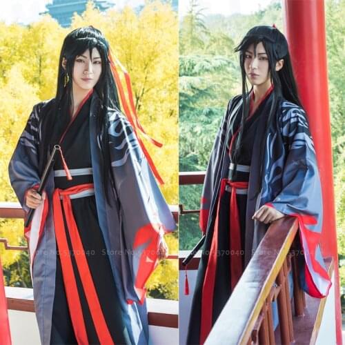 Chinese Traditional Hanfu Robes MO DAO ZU SHI Anime Cosplay Costumes Hair Wig Wei Wuxian Cos Boots Flute Party Festival Outfits