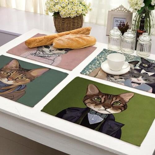 Pattern Placemats for Children Kitchen Dining Place Mats Mr. Cat Printing Placemat Cotton Linen Table Mat Western Placemat