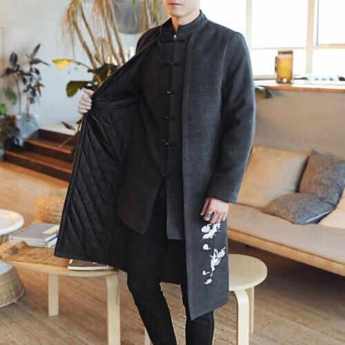 Mens Embroidered Long Woolen Trench Winter Thick Cotton Jacket Kung Fu Tai Chi Costume Male Traditional Chinese Clothing CN-109