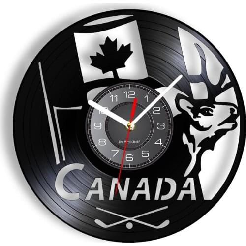 Canada Wall Clock Made Of Real Vinyl LP Record North American Maple Leaf Flag Deer Golf Icon Luminous Wall Watch Carved Artwork