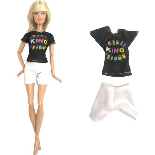 NK One Set Doll Noble Black Pattern Short-sleeved Top Fashion Daily White Shorts For Barbie Accessories Doll Best Child Gift 7X