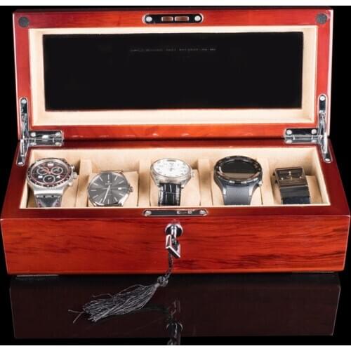 Tang 5 Slots Wood Watch Storage Boxes Case Mechanical Mens Watch Storage Organizer With Lock Wooden Jewelry Gift Box