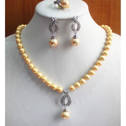 Charming WomenS Pure Yellow Pearl Necklace Earring Ring(7/8/9)Jewelry Set