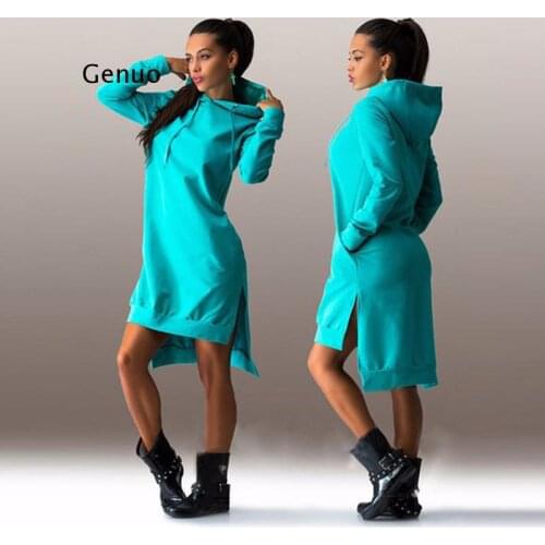 Autumn Woman Dress Hoodies Sports Casual Long Sleeve Hooded Dress Split Sweatshirt Women Clothes Casual Dress Plus Size