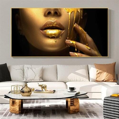 Sexy African Woman Gold Girl Face Canvas Paintings On The Wall Posters And Prints Golden Lips Wall Art Pictures Home Wall Decor