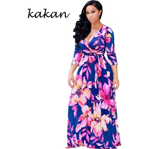 Kakan summer new womens large size dress digital printing wind big dress dress chiffon printed beach dress S-3XL-5XL