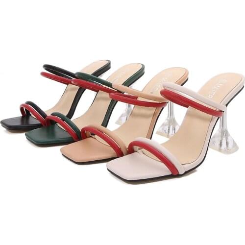 Women Transparent heel Slippers 2021 Summer Lady Narrow band Sandals Sexy High Heels Mixed color Slides Fashion Outdoor Shoes