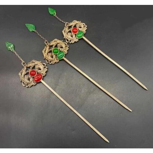 Tibetan Silver Miao silver hairpin, Exquisite gem inlaid agate double phoenix silver hairpin Han suit with hair accessories