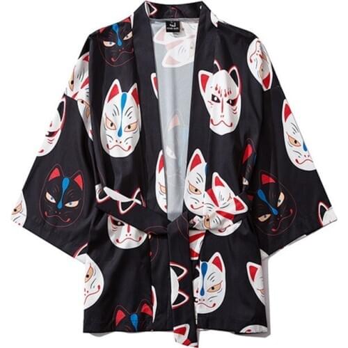 Japanese Kimono Cardigan Men Blouse Women Men Ghost Face Print Shirt Robe 2019 Harajuku Open Stitch Outwear Kimonos Haori FF2268