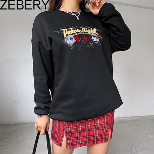 ZEBERY Harajuku Punk Black Oversized Sweatshirt Women Autumn Embroidery Long Sleeve Pullover Casual Korean Sweat Hoodies