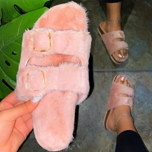 2020 Women Fur Slides Buckle Home Winter Flat Slippers Indoor Plus Size 43 Female Fluffy Shoe Band Slides Shoes Flat Ladies