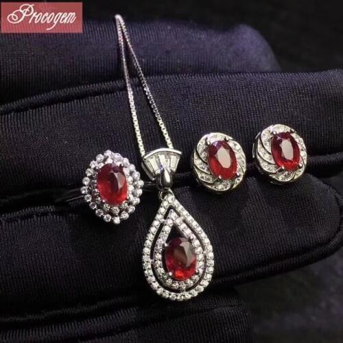 Natural Ruby jewelry sets for women 4x6 Genuine Gemstone Nacklace/Ring/earrings 925 Sterling silver wedding Free Shipping #39