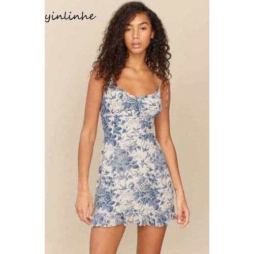 Yinlinhe Bule Floral Backless Braces Sexy Dress Women Elastic Slim Summer Dress French High Waist Vintage Ruffles Dresses 2096