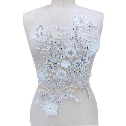 Handmade white Hot drilling Rhinestone lace embroidery patch applique wedding dress bordados DIY Performance clothing