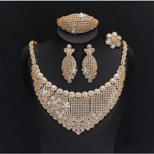 BrideTalk 4pcs Luxury African CZ Leaf Bridal Party Drop Earring Necklace Bracelet Ring Nigerian Dubai Gold Jewelry Sets