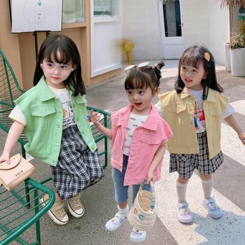 Childrens Jeans Vest 2021 Summer Cute Simple Candy Color Girl Single Breasted Turn-down Collar Cotton Loose Casual Vest Coat