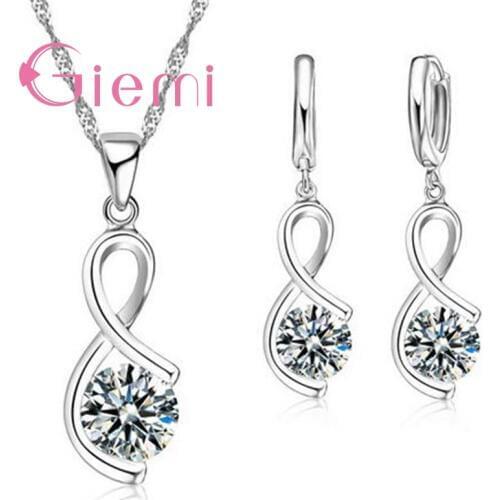 925 Sterling Silver Elegant Geometric Pattern Line Shape Crystal Necklace Earrings Ceremony Party Jewelry Set and CZ
