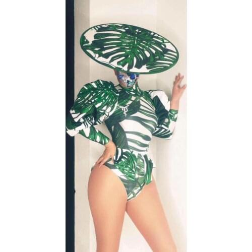 Vintage Nightclub Party Performance Costumes Green Leaves Puff Sleeve Top Shorts Hat 3-piece Stage Outfit Sets Singer Stage Wear
