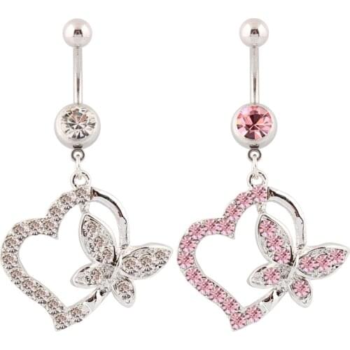 Fashion Crystal White Pink Butterfly Heart Navel Ring Belly Ring Sweet Body Jewelry Gifts
