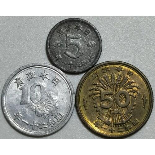 Showa 20-21 1945-46 Coins 5-10-50 Gold Full Set 3 Pieces Genuine Coins Real Original Coin