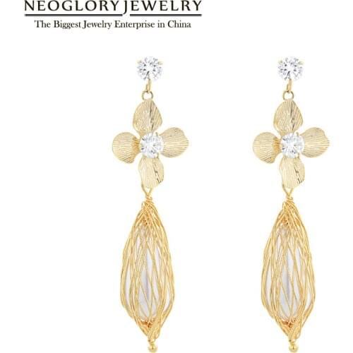 Neoglory Jewelry Handmade Long Dangle Earrings For Women Charm Golden Zircon&Pearl Flower Jewelry For Party 2020 New Hot Gift