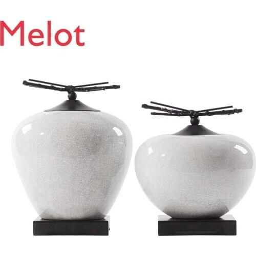 New Chinese Model Room Hotel Living Room Hallway Creative Metal Ceramic Crackle Glaze Decorative Jar Decoration Soft Decoration