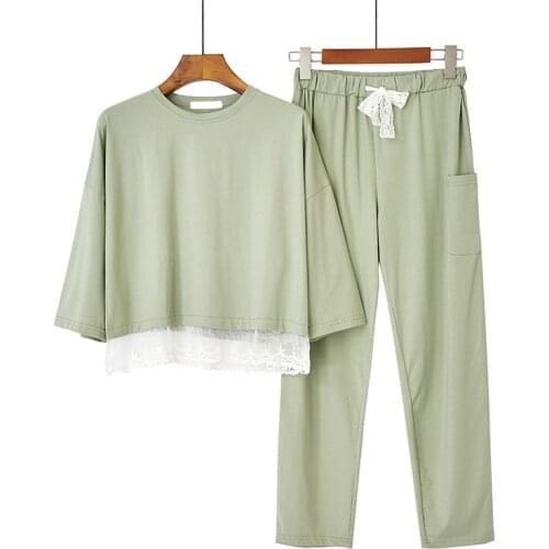 Fresh and Simple Pajamas Women Spring Cotton Sleepwear Seven-sleeve Lace Loose Breathable Lounge Wear 2 Piece Set Sexy Nightwear