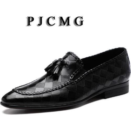 PJCMG Spring/Autumn Black/Brown Moccasins Genuine Embossed Leather Breathable Casual Flats Loafers Driving Men Shoes With Tassel