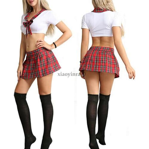 Women Sexy School Girl Uniform Plaid Skirt Role Play Costume Outfits Fashion Women Mini Shirt Short Crop Top