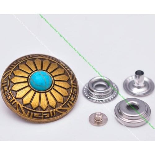10 Sets Brass Plated Real Turquoise Stone 201 Snap Button Concho for Leathercraft Bag Fastener Luggage bag Connector Accessories
