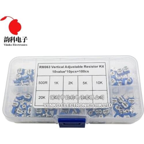 100PCS/LOT 10 Values *10PCS RM063 Vertical Adjustable Resistor Kit In Box 500 ohm-1M ohm Multiturn Trimmer Potentiometer Set